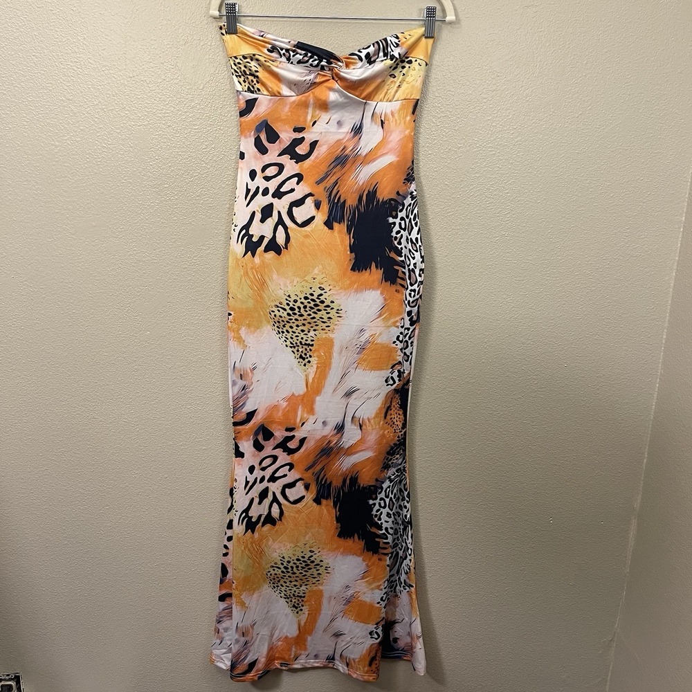 SHEIN Animal Print Maxi Bodycon Dress Strapless Mermaid Flare Out Strapless Sz S